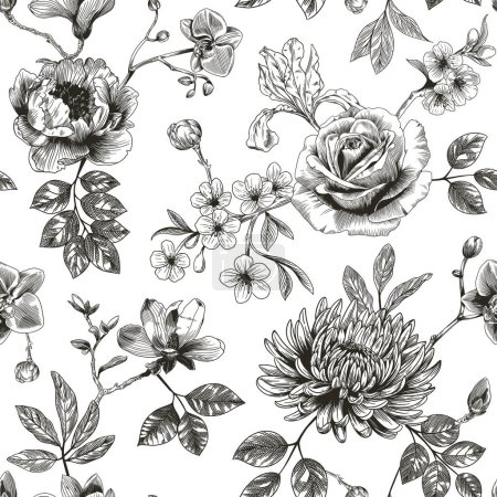Abstract modern floral seamless pattern with hand drawn flower in Toile de jouy style. Retro elegance repeat print. Vintage design for fabric, wallpaper or wrapping.
