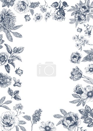 Ilustración de Botanical marco azul de la boda o corona sobre fondo blanco. Rama floral, floral, foliar dibujada a mano en estilo toile de jouy. Arte de línea para boda, monograma, invitación, saludo, logotipo, tarjetas de cumpleaños - Imagen libre de derechos