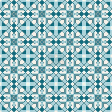 Illustration for Arabic geometric mosaic printable seamless pattern with abstract Moroccan print in blue and orange colors. Ramadan Kareem Traditional Islamic art Illustration background - Royalty Free Image