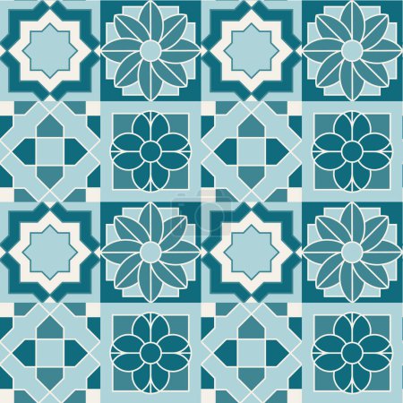 Illustration for Arabic geometric mosaic printable seamless pattern with abstract Moroccan print in blue and orange colors. Ramadan Kareem Traditional Islamic art Illustration background. - Royalty Free Image