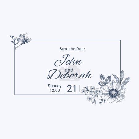 Illustration for Botanical blue wedding frame or wreath on white background. Hand drawn floral, flower, leaf branch in toile de jouy style. Line art for wedding, monogram, invitation, greeting, logo, birthday cards - Royalty Free Image
