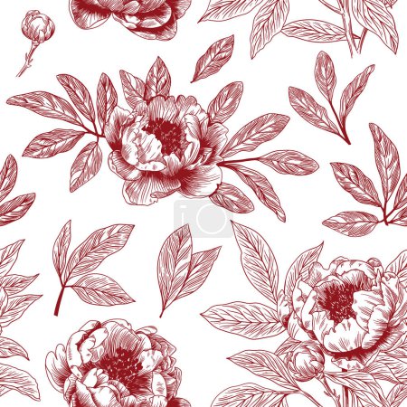 Illustration for Abstract modern floral seamless pattern with hand drawn flower in Toile de jouy style. Retro elegance repeat print. Vintage design for fabric, wallpaper or wrapping - Royalty Free Image
