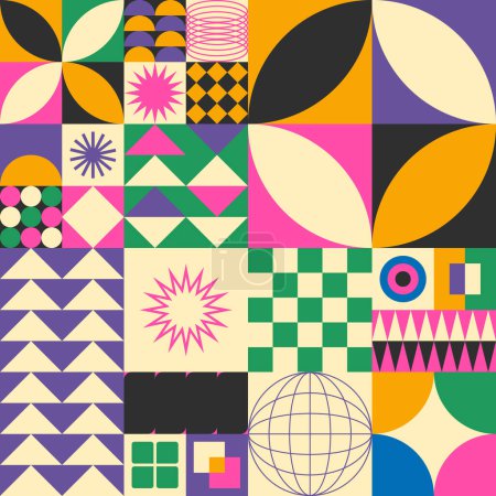 Illustration for Abstract simple geometric seamless pattern with figure, form, shapes, circle and lines in Bauhaus style. Vibrant grunge geometry brutalism y2k 2000s print. Modern collage vector illustration - Royalty Free Image
