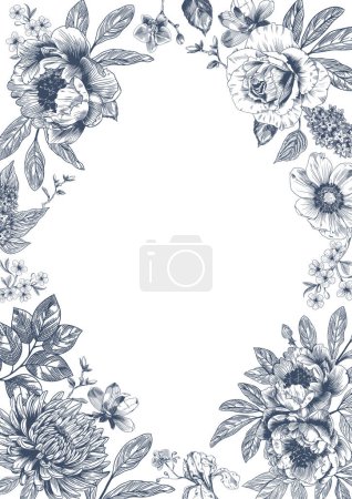 Illustration for Botanical blue wedding frame or wreath on white background. Hand drawn floral, flower, leaf branch in toile de jouy style. Line art for wedding, monogram, invitation, greeting, logo, birthday cards. - Royalty Free Image