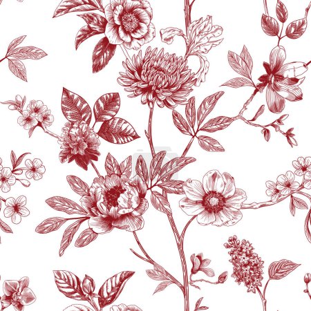 Illustration for Abstract red modern floral seamless pattern with hand drawn flower in Toile de jouy style. Retro elegance repeat print. Vintage design for fabric, wallpaper or wrapping - Royalty Free Image