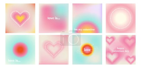 Set of Y2k Trendy Aesthetic abstract gradient pink violet background with translucent aura irregular shapes blurred pattern. Social media valentines day poster, stories highlight templates for digital marketing for stories.