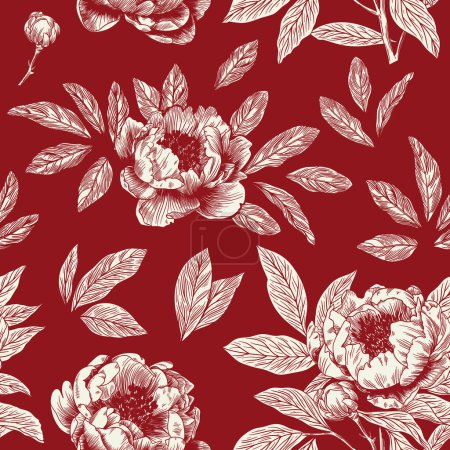 Téléchargez les illustrations : Motif floral blanc sans couture avec pivoines sur fond rouge cramoisi - en licence libre de droit