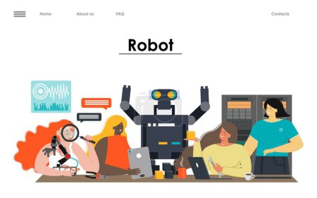 Plantilla de landing page de tecnología robótica. Gente vectorial construyendo programación robot enorme. Servicio en línea para el concepto de ingeniería de hardware y software de IA