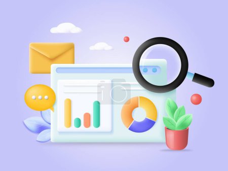 Web search and data analysis 3d vector illustration. Browser window, loupe and graph chart isometric design. Business information research, seo and marketing concept