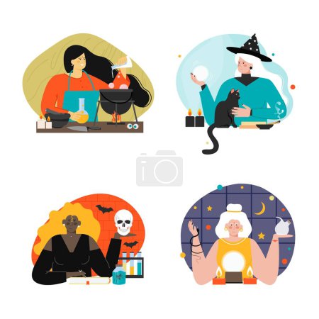 Illustration for Female witch and fortune tellers vector set. Woman oracle and soothsayer predicting future and destiny scene. Mystic medium girls cooking potion illustration. Supernatural paranormal sorcerer - Royalty Free Image