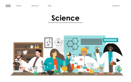 Illustration for Science laboratory and researcher team vector landing page. Doctor, expert and scientist working at chemical or clinical lab illustration. Website banner design template - Royalty Free Image