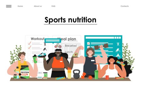 Sports nutrition vector landing page. Food and fitness training workout for health flat illustration. People trainer, coach or instructor creating personal workout and meal plan online