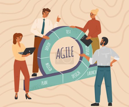 Illustration for Scrum development process cycle diagram concept vector illustration. Agile and scrum sprints methodology. Business team work with agile process of software development. - Royalty Free Image