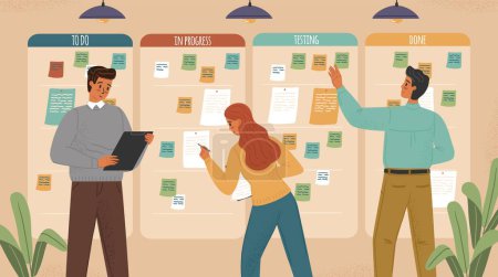 Illustration for People move sticky notes on kanban board. Agile project development concept vector illustration. Business team work with agile methodology. Daily tasks in progress on kanban board. - Royalty Free Image