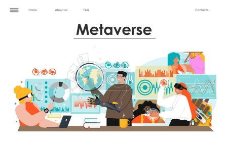 Téléchargez les photos : Metaverse flat landing page. Man and woman in VR headset using cyberspace for work, playing game, studying science vector template. Virtual reality and blockchain technology - en image libre de droit