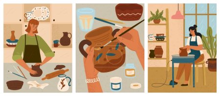 Illustration for Ceramic classes vector illustration. People making clay pots, painting crockery at studio workshop. Handcrafted earthenware creation hobby and master-class - Royalty Free Image