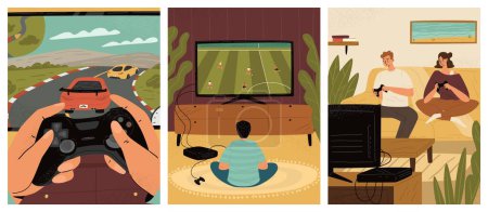 Illustration for Different people gamer playing video games vector scene set. Young couple, little child and human hands using gamepad joystick having fun time at home illustration - Royalty Free Image