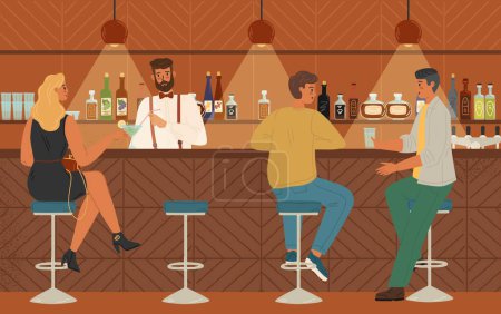 La gente sentada en el mostrador del bar bebe cóctel de alcohol. Ilustración vectorial. Cantinero sirviendo clientes en un bar. Pub interior con taburetes, estante y botellas.