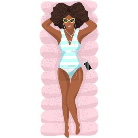 Téléchargez les illustrations : Femme afro-américaine dans les écouteurs reposer sur matrass gonflable écouter de la musique sur smartphone profiter de vacances d'été icône vectorielle isolé sur fond blanc - en licence libre de droit