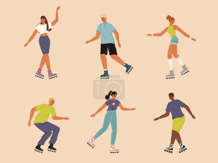 Illustration for Diverse people characters roller skating feeling happy and relaxed isolated set. Young teenage man and woman rollerblading enjoying summertime leisure vacation vector illustration - Royalty Free Image