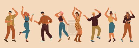 Young people cartoon characters dancing parting isolated set. Happy positive man and woman moving to music shaking body feeling fun and excited vector illustration