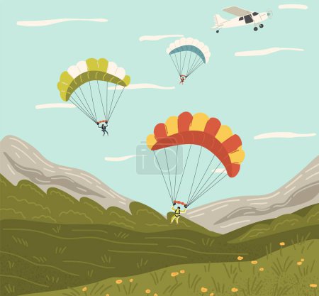 Illustration for Skydiving scene with extreme sport lovers jumping from plane with parachute. People enjoying adrenaline, risk and danger vector illustration - Royalty Free Image