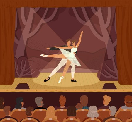 Illustration for Ballet dancer couple performing on theater stage during art concert. Man and woman character dancing on wooden scene cartoon vector illustration - Royalty Free Image