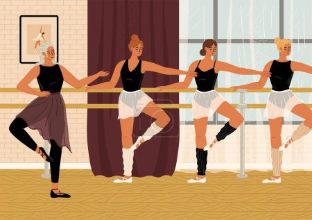 Illustration for Young ballerina dancers training at ballet school choreography class vector illustration. Female characters group exercising practicing movements under teacher control scene - Royalty Free Image