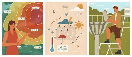 Illustration for Weather forecaster and meteorologist at work scene. Atmosphere study at met station, prediction climate change, meteorology program streaming vector illustration - Royalty Free Image