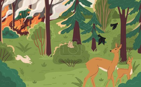 Illustration for Scared wild animals running and birds flying away from wildfire in forest scene. Nature conservation, environmental protection, defense of national parks vector illustration - Royalty Free Image