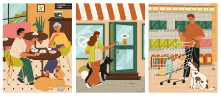 Illustration for Pet owner with dog going shopping, visiting restaurant or bakery shop scene. Man and woman with friendly puppy domestic animal spending time together vector illustration. Dog-friendly places - Royalty Free Image