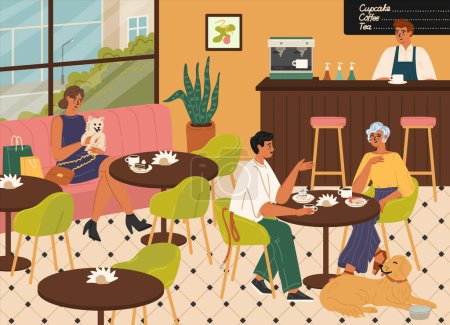 Dog-friendly coffee shop scene with happy people pet owners spending time. Female and male characters having sweet snack drinking aroma beverage in cafeteria accepting animals vector illustration