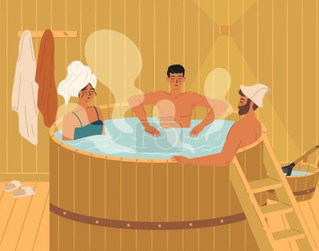 Téléchargez les photos : Jeunes personnes positives prenant un bain procédure thermique sur la scène du sauna. Groupe d'amis détendu dans la piscine en bois profitant de loisirs de loisirs et belle illustration vectorielle de communication - en image libre de droit