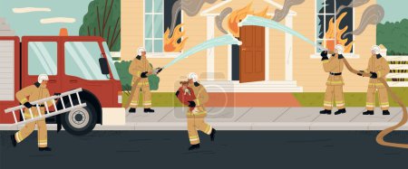 L'équipe de secours des pompiers éteint un incendie résidentiel sur la scène de la rue. Équipe de pompiers essayant d'éteindre la propriété brûlante dans les flammes et la fumée en utilisant l'illustration vectorielle de tuyau d'incendie