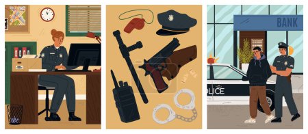 Police department and policeman at work scene. Offender arrest, investigator at workplace, human rights defender tools vector illustration