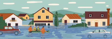 Équipe de secours sauvant les victimes des inondations illustration vectorielle. Scène d'inondation avec véhicule de transport flottant dans l'eau et maisons submergées