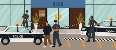 Police officers team arresting bank robbers vector scene. Thief failed to break and steal money from financial institution illustration. Guard and security enforcement concept