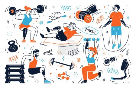 Young people athlete characters with arm or leg prosthesis training using gym accessory and sport equipment vector illustration. Active lifestyle and rehabilitation for human with special needs