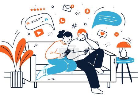Junge Paare nutzen Smartphone für die Kommunikation im Internet surfen und Social-Media-Feed sitzt auf dem Sofa zu Hause Vektorillustration. Digitales Gadget-Zusatzkonzept
