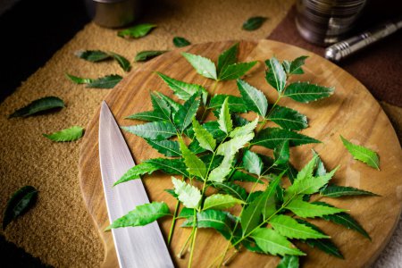 Raw green neem leaves on a chopping board