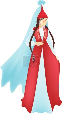 Téléchargez les illustrations : Kazakh bride. A girl in the national wedding headdress saukele. Vector illustration isolated on white background. - en licence libre de droit