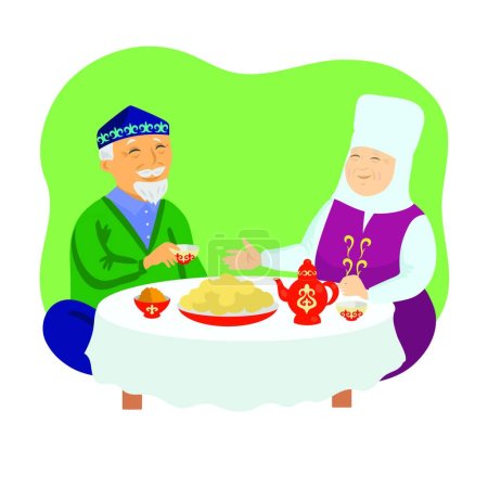 Téléchargez les illustrations : Kazakh old man and old woman drink tea. Vector. - en licence libre de droit