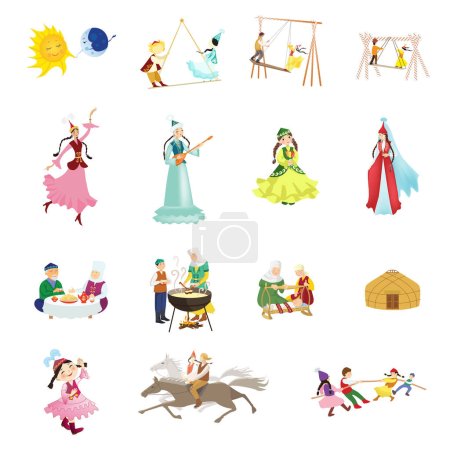 Conjunto de ilustraciones vectoriales en estilo de dibujos animados de nómadas de Asia Central y Kazajstán. La gente en trajes nacionales en unas vacaciones y en la vida cotidiana. Vector.