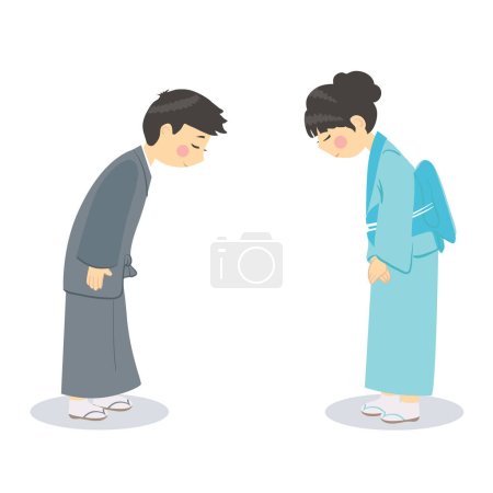 Téléchargez les illustrations : Caricature vectorielle Les enfants japonais en kimono s'inclinaient les uns devant les autres. Illusion - en licence libre de droit