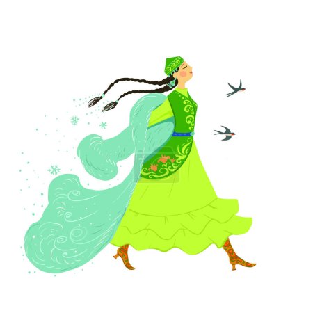 Vector cartoon postcard to Nauryz. March 22. Kazakh girl in the image of spring takes off her fur coat. 