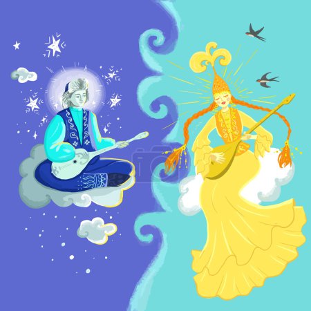 Illustration for Colorful postcard to Nauryz. A guy and a girl in Kazakh national costumes symbolize the balance between day and night. Spring equinox day. March 22. Dombra game. - Royalty Free Image