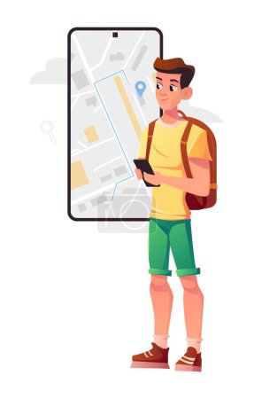 Male Tourist with Smartphone Uses Online Maps to Find a Location.  Search map navigation on app. Vector cartoon character illustration.