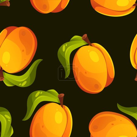 Illustration pour Seamless pattern of whole apricot with leaves on black background. Summer tropical endless background. Illustration in cartoon style. Fruit vector design for label, fabric, packaging. - image libre de droit