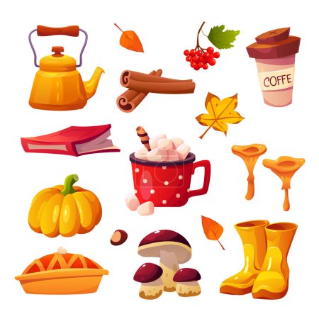 Illustration for Autumn Set with Teapot, Pumpkin, Cinnamon, Cute Wellies Boots, Coffee Cup, Mushrooms, Pumpkin Pie, Virginity, Hot Chocolate, Book and  Leaves. - Royalty Free Image
