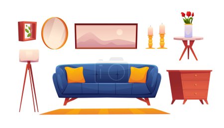 Illustration for Cartoon Set of Furniture and Decor on a White Background. Living Room Stuff. Sofa with Pillows, Commode, Table, Candles, Mirror, Picture in a Frame, Floor Lamp, Carpet. Clipart Vector Illustration. - Royalty Free Image